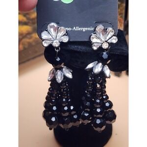 CHARMING CHARLIE RSVP Earrings Silver & Black Rhinestone Dangle FREE $HIPPING!!